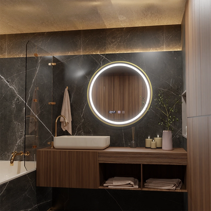 LUSSO LED érintőtükör, páramentesítő rendszer, óra és hőmérséklet, 50 cm, szálcsiszolt arany keret
