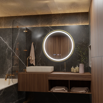 LUSSO LED érintőtükör, páramentesítő rendszer, óra és hőmérséklet, 50 cm, szálcsiszolt arany keret