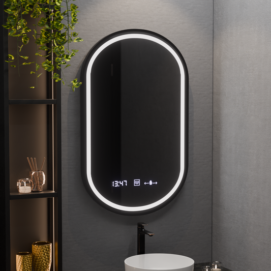 Ovális LED -tükör, 50x80cm, Alessia Motionglow Marcello, helyettes rendszer, óra és hőmérő, dimálható