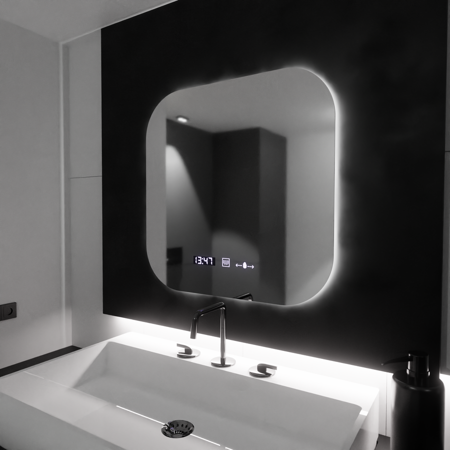 Mirror LED téglalap alakú 60x60 aura riflesso puro mozgásglow marcello, letiltási rendszer, hőmérő és óra