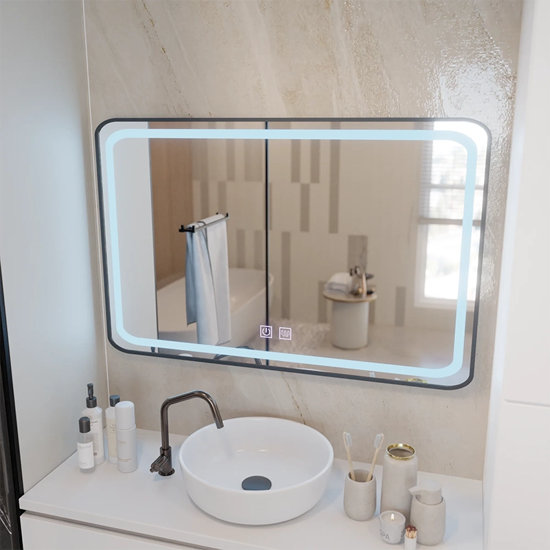 Négyszögletű LED tükör 100x65cm EDGE Touch páramentesítő rendszer, fekete keret