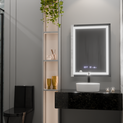 Téglalap alakú LED -tükör, 75x90 cm, MotionGlow Marcello, letiltási rendszer, óra és hőmérő, instabil