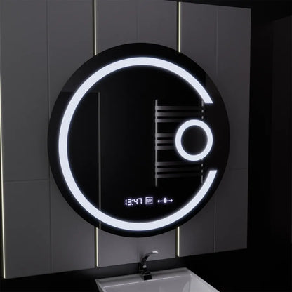 Kerek LED -tükör, 70 cm, Visio MotionGlow Marcello, Leírásító rendszer, óra és hőmérő, kozmetikai lup