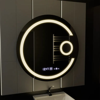 Kerek LED -tükör, 70 cm, Visio MotionGlow Marcello, Leírásító rendszer, óra és hőmérő, kozmetikai lup