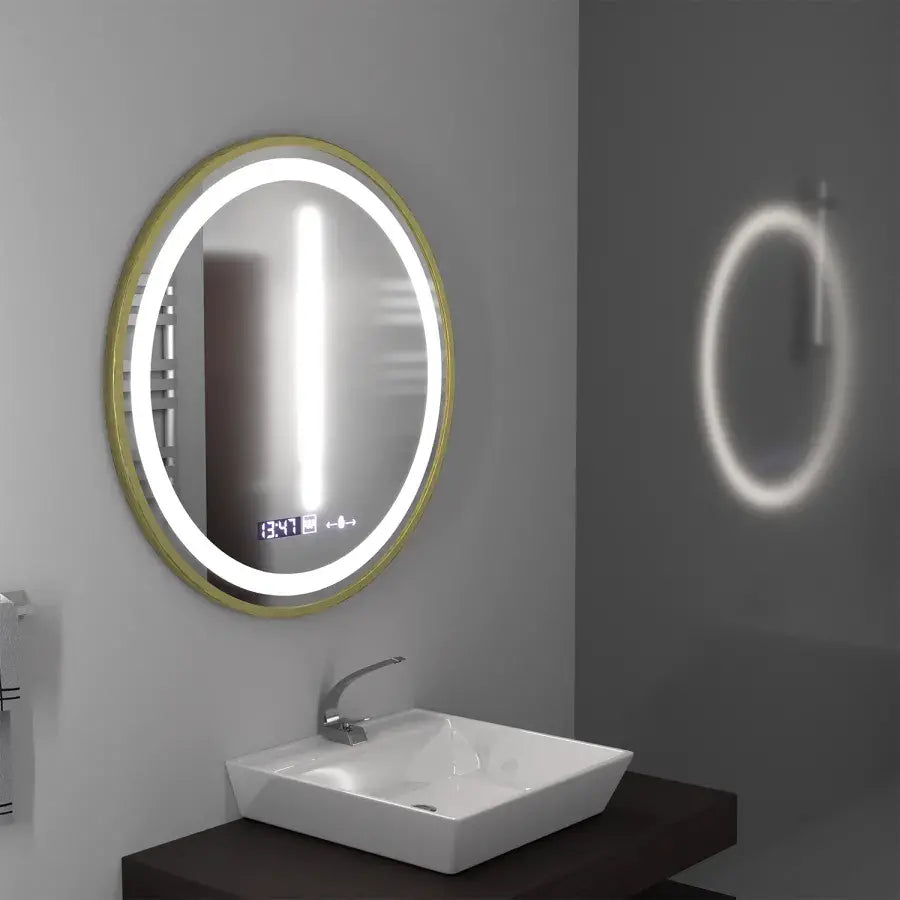 Kerek LED -tükör, 60 cm, Celeste Royale Gold Motionglow Marcello, helyettes rendszer, óra és hőmérő, dimálható