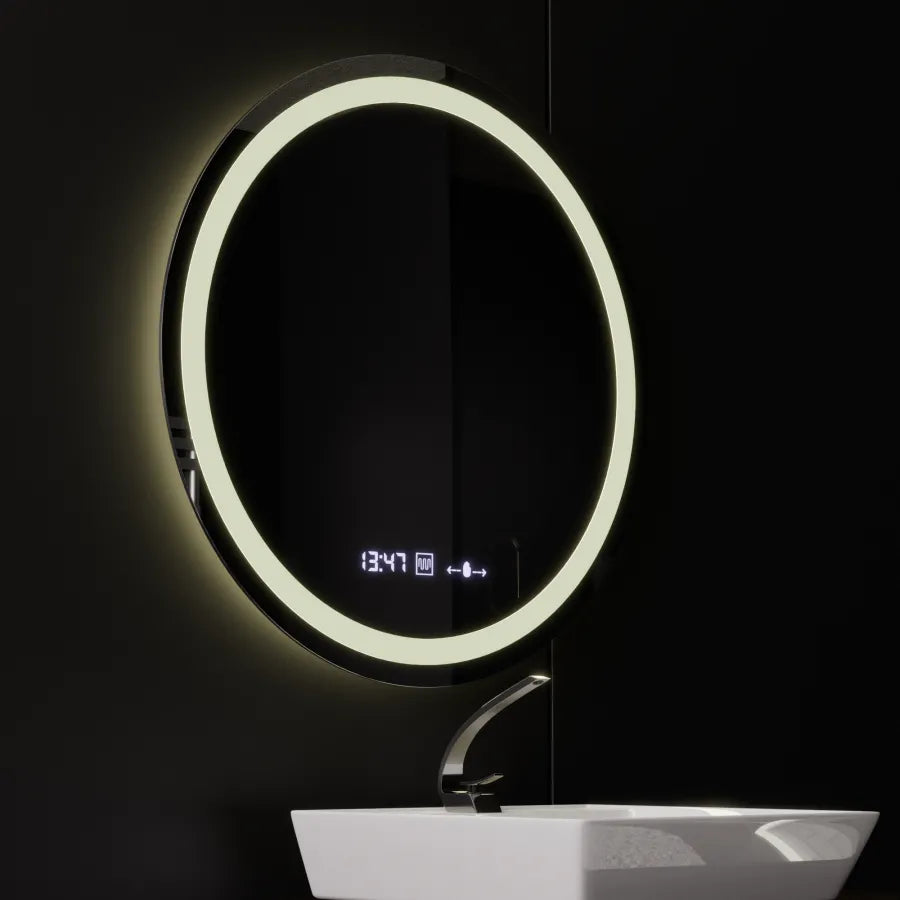 Kerek LED -tükör, 80 cm, Celeste Motionglow Marcello, Leírásító rendszer, óra és hőmérő, dimálható