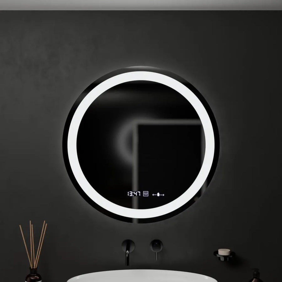 Kerek LED -tükör, 60 cm, Celeste Motionglow Marcello, helyettes rendszer, óra és hőmérő, dimálható