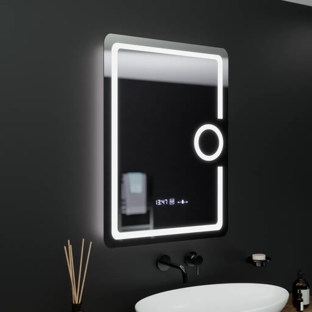 Téglalap alakú LED -tükör, 60x80cm, Eclat MotionGlow Marcello, óra és hőmérő, leolvasztási rendszer, kozmetikai lup