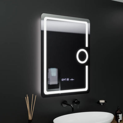 Téglalap alakú LED -tükör, 60x80cm, Eclat MotionGlow Marcello, óra és hőmérő, leolvasztási rendszer, kozmetikai lup