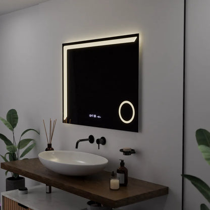 Téglalap alakú LED -tükör, 80x60 cm, precíziós mozgásgátló marcello, letiltási rendszer, óra és hőmérő, kozmetikai nagyító