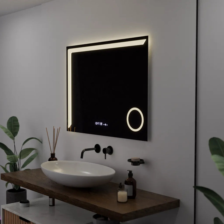 Téglalap alakú LED -tükör, 80x60 cm, precíziós mozgásgátló marcello, letiltási rendszer, óra és hőmérő, kozmetikai nagyító