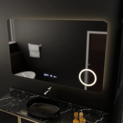 Téglalap alakú LED -tükör, 100x60 cm, Celeste MotionGlow Marcello, leolvasztási rendszer, óra és hőmérő, kozmetikai lupa, dimablable