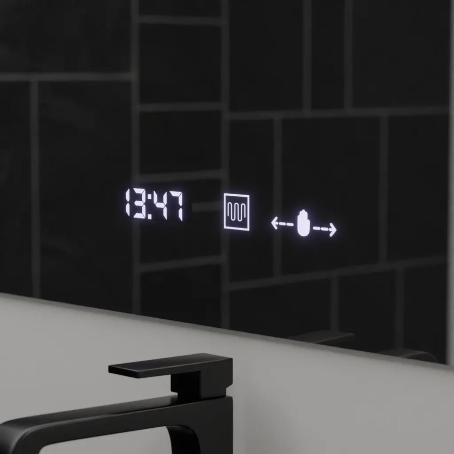 Téglalap alakú LED -tükör, 120x80cm, Absolu MotionGlow Marcello, helyettes rendszer, óra és hőmérő, kozmetikai lup