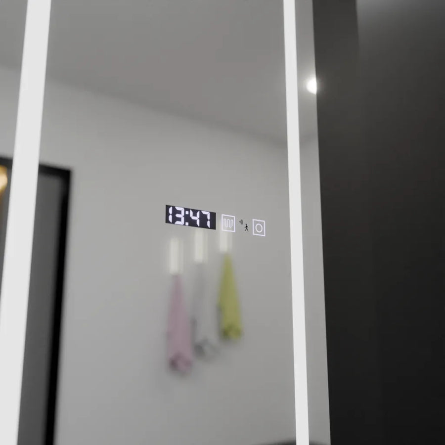 Téglalap alakú LED -tükör, 45x140cm, Giulia érzékelő radar Marcello, leolvasztási rendszer, óra és hőmérő, dimálható, öltözködés couture