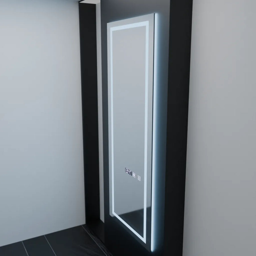 Téglalap alakú LED -tükör, 60x150 cm, Alessia érzékelő radar Marcello, Leírásító rendszer, óra és hőmérő, dimálható, öltözködés couture