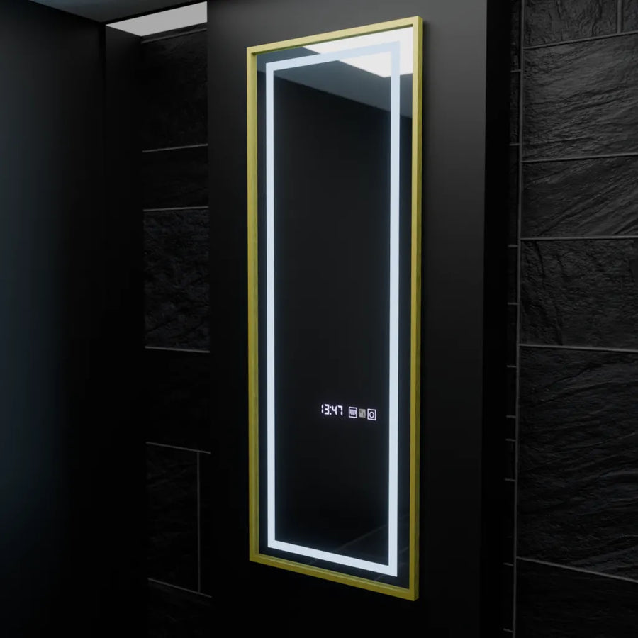 Téglalap alakú LED -tükör, 45x140 cm, Elena érzékelő radar Marcello, Desbriation System, óra és hőmérő, Dimable, öltözködés couture