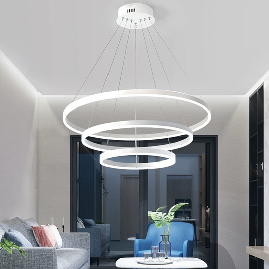 LED -csillár felfüggesztette a Serena 84W távirányítót, 3 kör, hideg/forró/semleges fény, instabil, fehér, állítható magasság