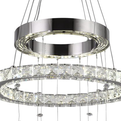 LED -csillár, távirányítóval és Crystal Mia Latifah 70W -vel felfüggesztve, 2 kör, hideg/forró/semleges fény, instabil, fényes króm, állítható magasság