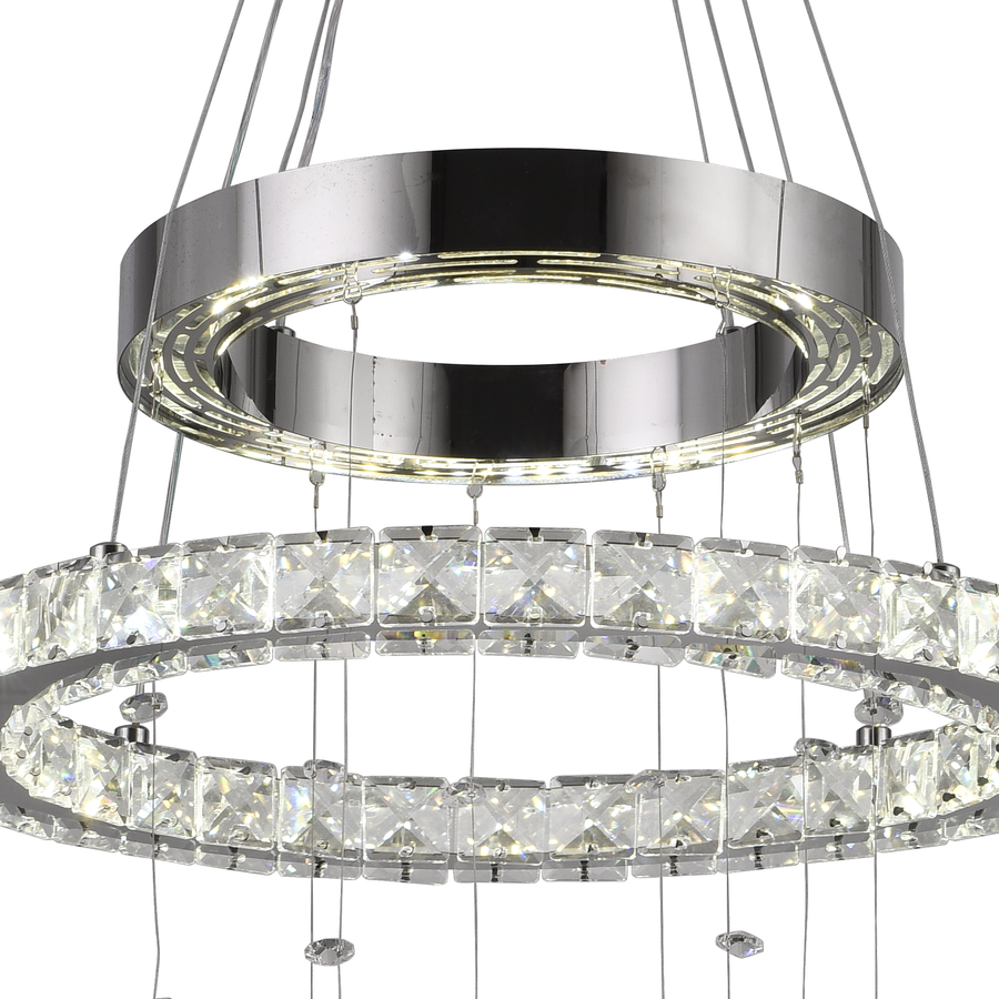 LED -csillár, távirányítóval és Crystal Mia Latifah 70W -vel felfüggesztve, 2 kör, hideg/forró/semleges fény, instabil, fényes króm, állítható magasság