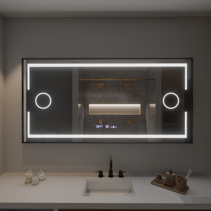 Téglalap alakú LED -tükör, 120x80 cm, MotionGlow Marcello érzékelő, letiltási rendszer, óra és hőmérő, kozmetikai nagyító