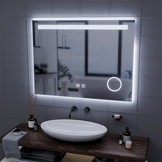 Téglalap alakú LED tükör, 80x60 cm, Piano Touch, Páramentesítő rendszer, Tompítható, Hideg fény 6000K