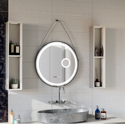 Kerek LED -tükör, 60 cm, Micah Motionglow érzékelő Marcello, leolvasztási rendszer, óra és hőmérő, kozmetikai lupa, dimálható