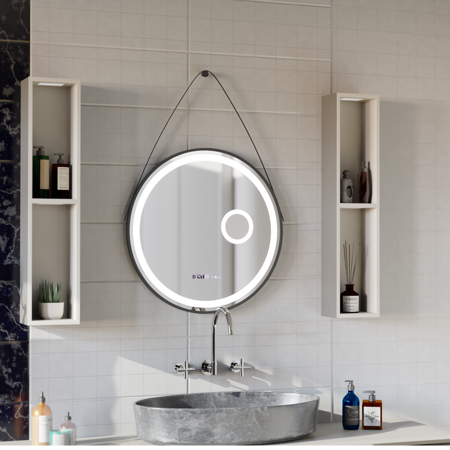 Kerek LED -tükör, 60 cm, Micah Motionglow érzékelő Marcello, leolvasztási rendszer, óra és hőmérő, kozmetikai lupa, dimálható