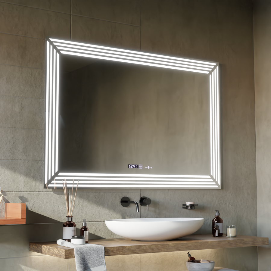 Téglalap alakú LED -tükör, 60x80cm, venezia érzékelő mozgásglow marcello, leolvasztási rendszer, óra és hőmérő, dimálható