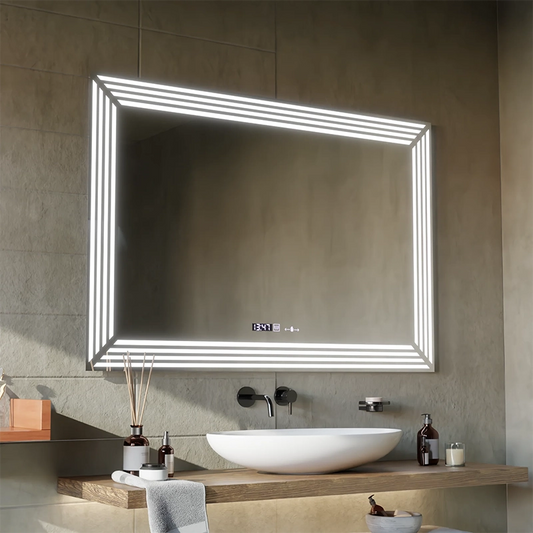 Négyszögletű LED tükör, 110x65 cm, Venezia MotionGlow Marcello érzékelő, páramentesítő rendszer, óra és hőmérő, Dimabila