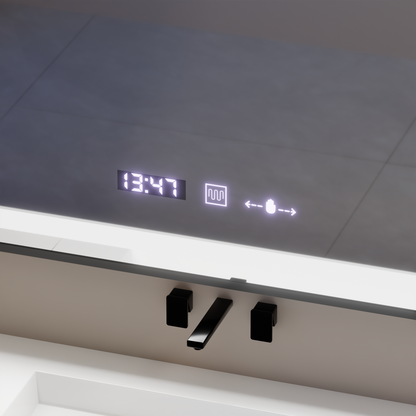 Téglalap alakú LED -tükör, 80x60 cm, Verite Majets Noir Motion Glow Marcello, leolvasztási rendszer, óra és hőmérő, dimálva
