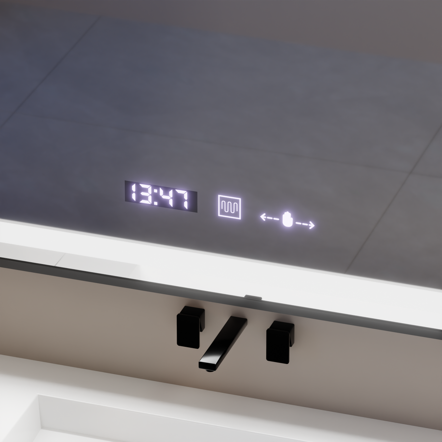 Téglalap alakú LED -tükör, 80x60 cm, Verite Majets Noir Motion Glow Marcello, leolvasztási rendszer, óra és hőmérő, dimálva