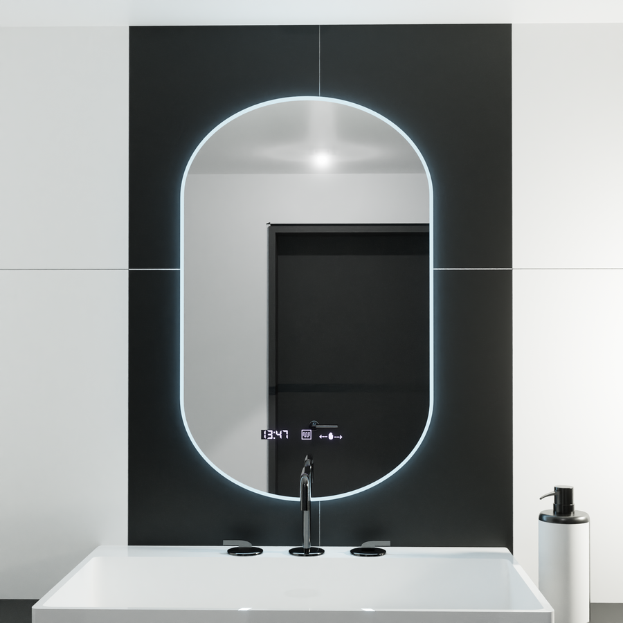 Ovális LED -tükör, 50x100 cm, Lucia érzékelő Marcello, leolvasztási rendszer, óra és hőmérő, dimálható