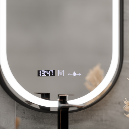 LED tükör Helmut érzékelő páramentesítő rendszer, óra és hőmérséklet 50x90 cm fekete keret szálcsiszolt Marcello Funghi
