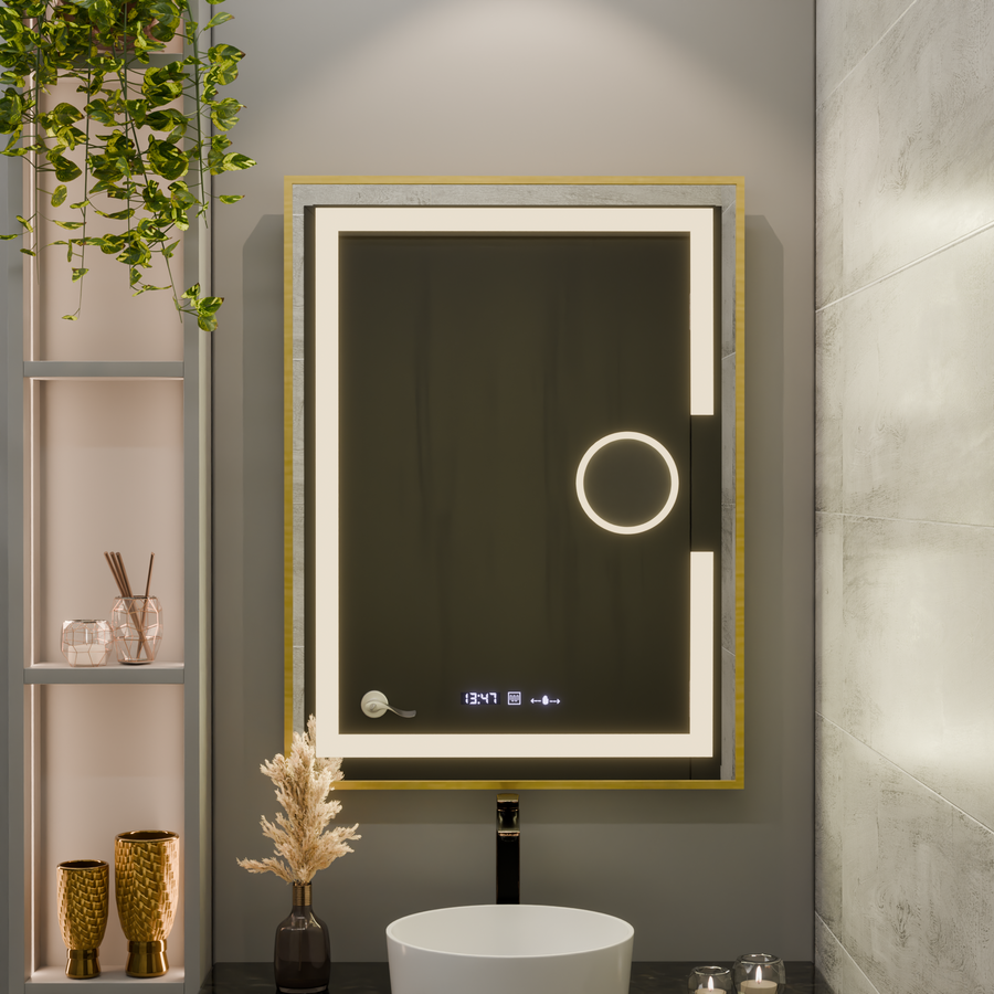 Téglalap alakú LED -tükör, 50x70 cm, Eclat MotionGlow Marcello, leolvasztási rendszer, óra és hőmérő, kozmetikai lup