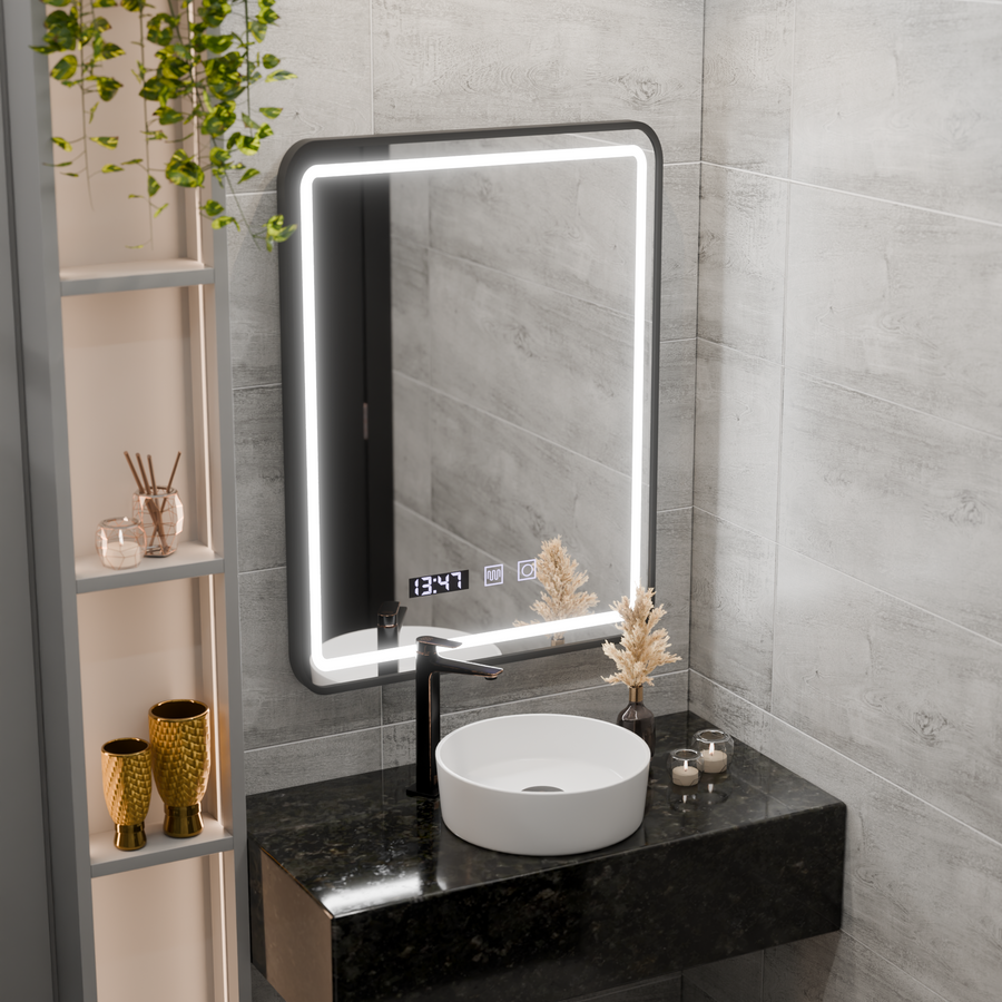 LED Touch Karl tükör -behatolási rendszer, óra és hőmérséklet 50x70 cm -es fekete kefe keret