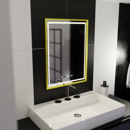 Téglalap alakú LED -tükör, 50x70 cm, royale aranymozgás fényes marcello, helyettes rendszer, óra és hőmérő, dimálható