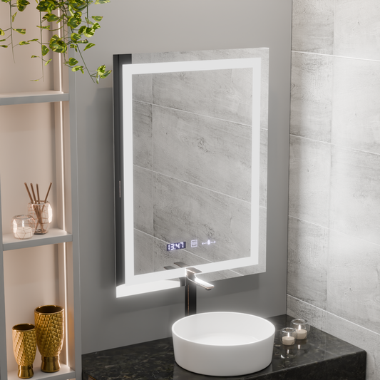 Téglalap alakú LED -tükör, 60x80 cm, Verite MotionGlow Marcello, helyettes rendszer, óra és hőmérő, dimálható
