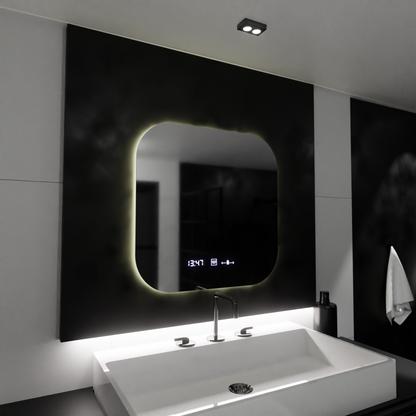 Mirror LED téglalap alakú 60x60 aura riflesso puro mozgásglow marcello, letiltási rendszer, hőmérő és óra