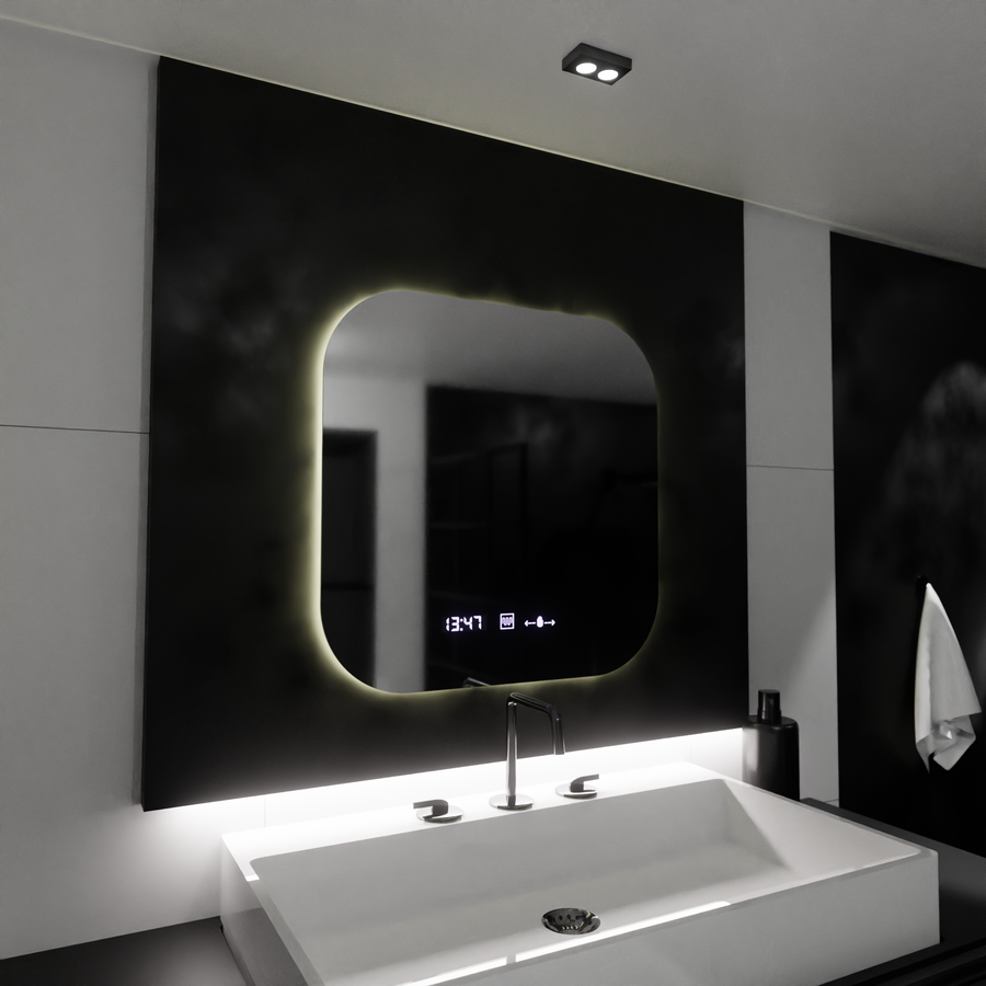 Mirror LED téglalap alakú 60x60 aura riflesso puro mozgásglow marcello, letiltási rendszer, hőmérő és óra