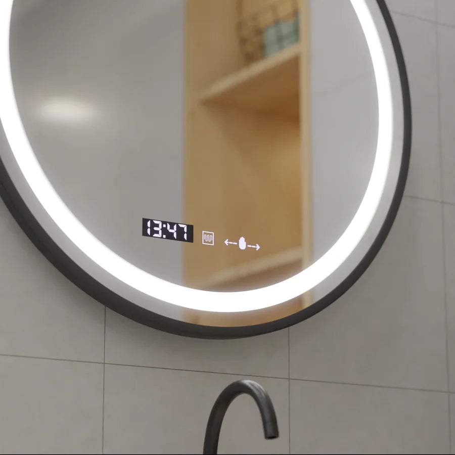 Kerek LED -tükör, 60 cm, Celeste Majesti Noir EleVe Motionglow Marcello, Szabadságrendszer, óra és hőmérő, Dimable
