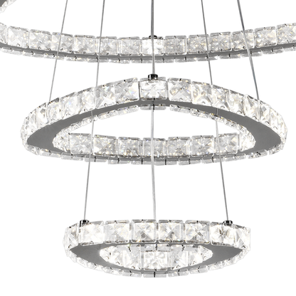 LED -csillár, távirányítóval és Crystal Mia Latifah 70W -vel felfüggesztve, 2 kör, hideg/forró/semleges fény, instabil, fényes króm, állítható magasság