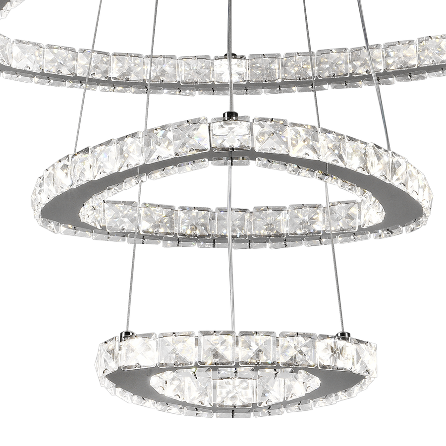 LED -csillár, távirányítóval és Crystal Mia Latifah 70W -vel felfüggesztve, 2 kör, hideg/forró/semleges fény, instabil, fényes króm, állítható magasság