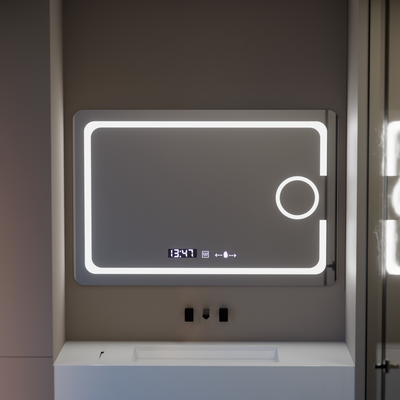 Téglalap alakú LED -tükör, 110x75 cm, Eclat MotionGlow Marcello, helyettes rendszer, óra és hőmérő, kozmetikai lup