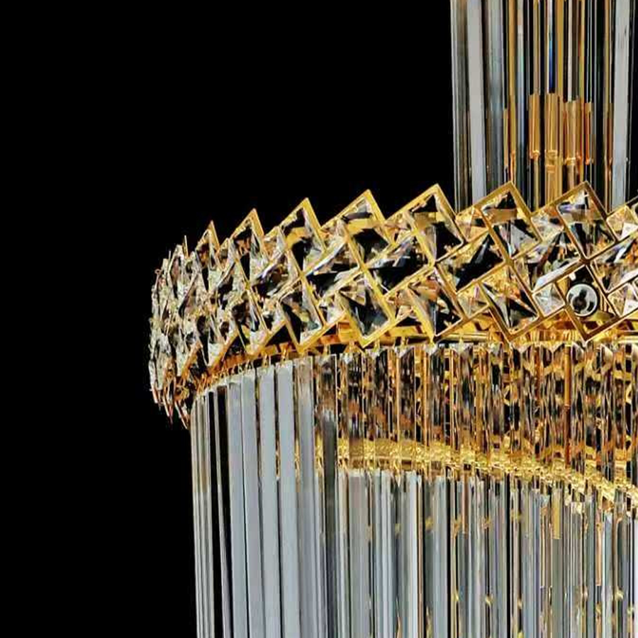 Kristály csillár CC800/700X2100GD, 33xE14, átmérő 70 cm, magasság 210 cm, fényes arany, állítható magasság, elegáns kivitel