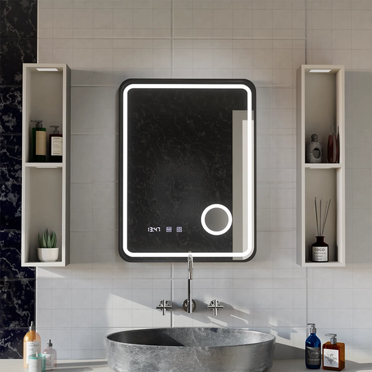 Ulrich LED Touch Mirror páramentesítő rendszer, óra és hőmérséklet 75x90 cm szálcsiszolt fekete keretű kozmetikai nagyító