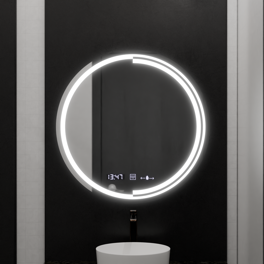 Kerek LED -tükör, 60 cm, MotionGlow érzékelő Consuel Marcello, helyettes rendszer, óra és hőmérő, dimálható