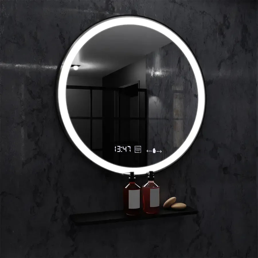 Kerek LED -tükör, 70 cm, Celeste Majeste Noir Motionglow Marcello, behatolási rendszer, óra és hőmérő, dimálható