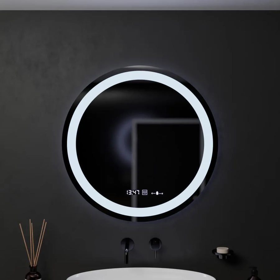 Kerek LED -tükör, 60 cm, Celeste Motionglow Marcello, helyettes rendszer, óra és hőmérő, dimálható