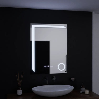 Téglalap alakú LED -tükör, 60x80 cm, precíziós mozgásgátló marcello, letiltási rendszer, óra és hőmérő, kozmetikai nagyító