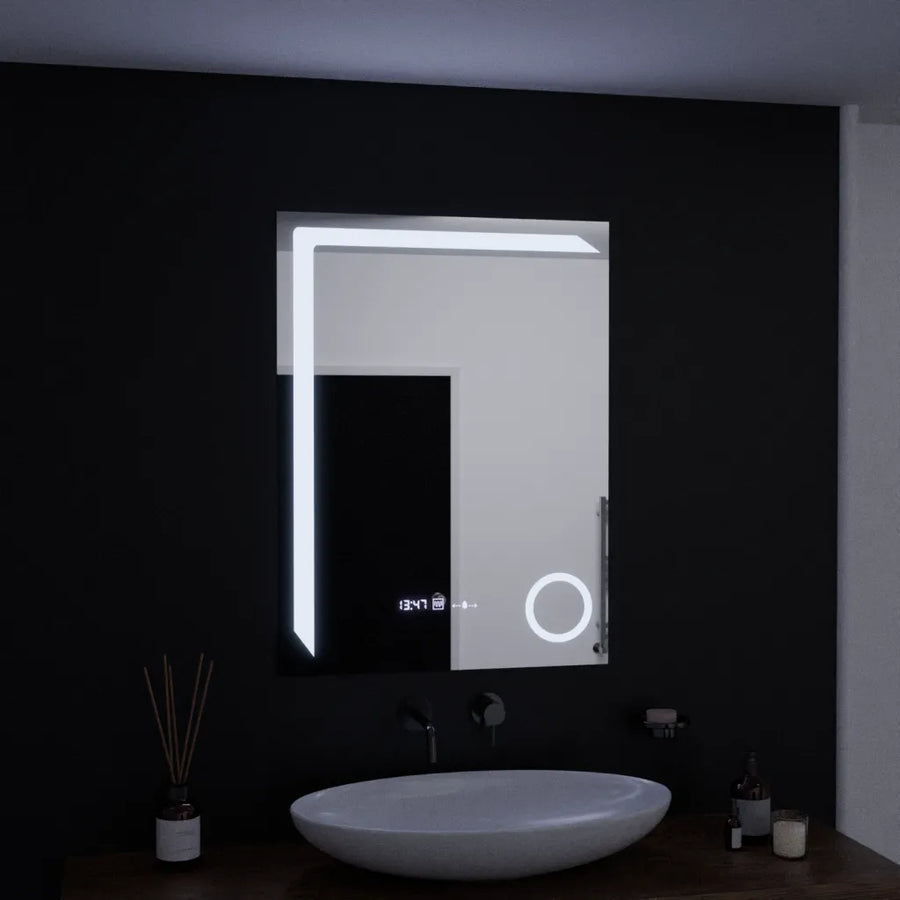Téglalap alakú LED -tükör, 60x80 cm, precíziós mozgásgátló marcello, letiltási rendszer, óra és hőmérő, kozmetikai nagyító